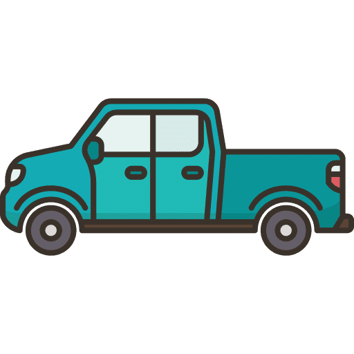 A blue pickup truck on a green background.
