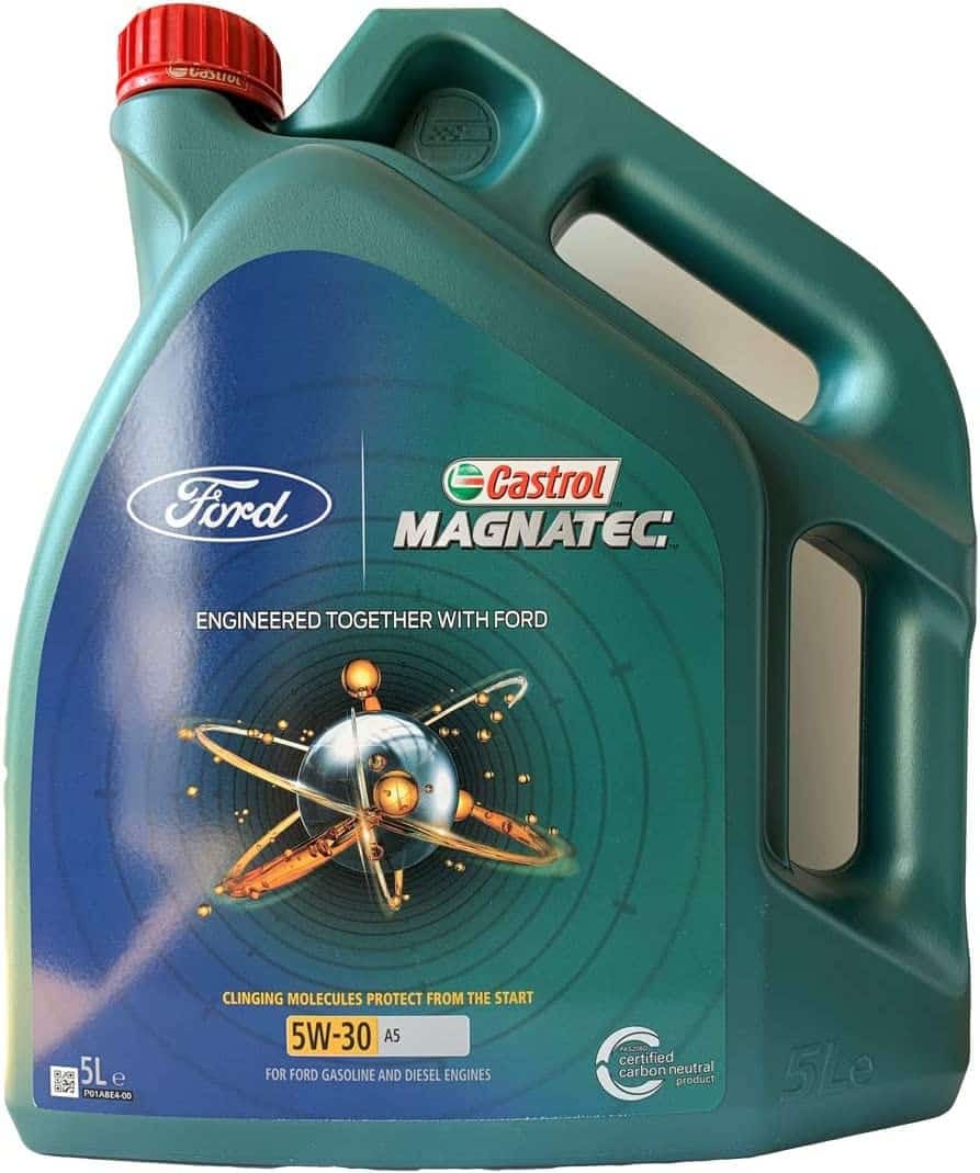 A gallon of ford magnatec oil on a white background.