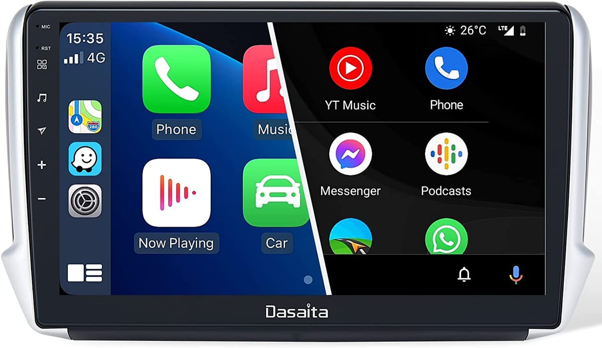 A car stereo with an iphone app on it.