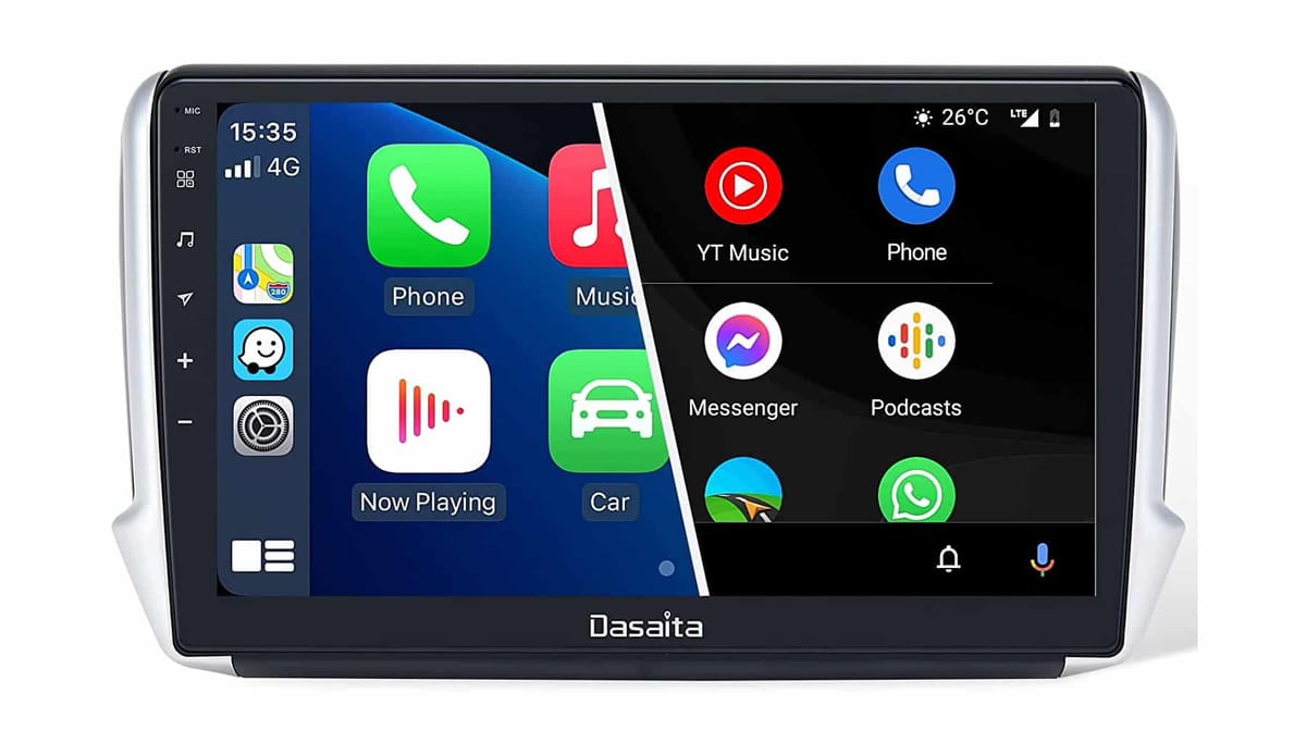 A car stereo with an apple and android app on it.